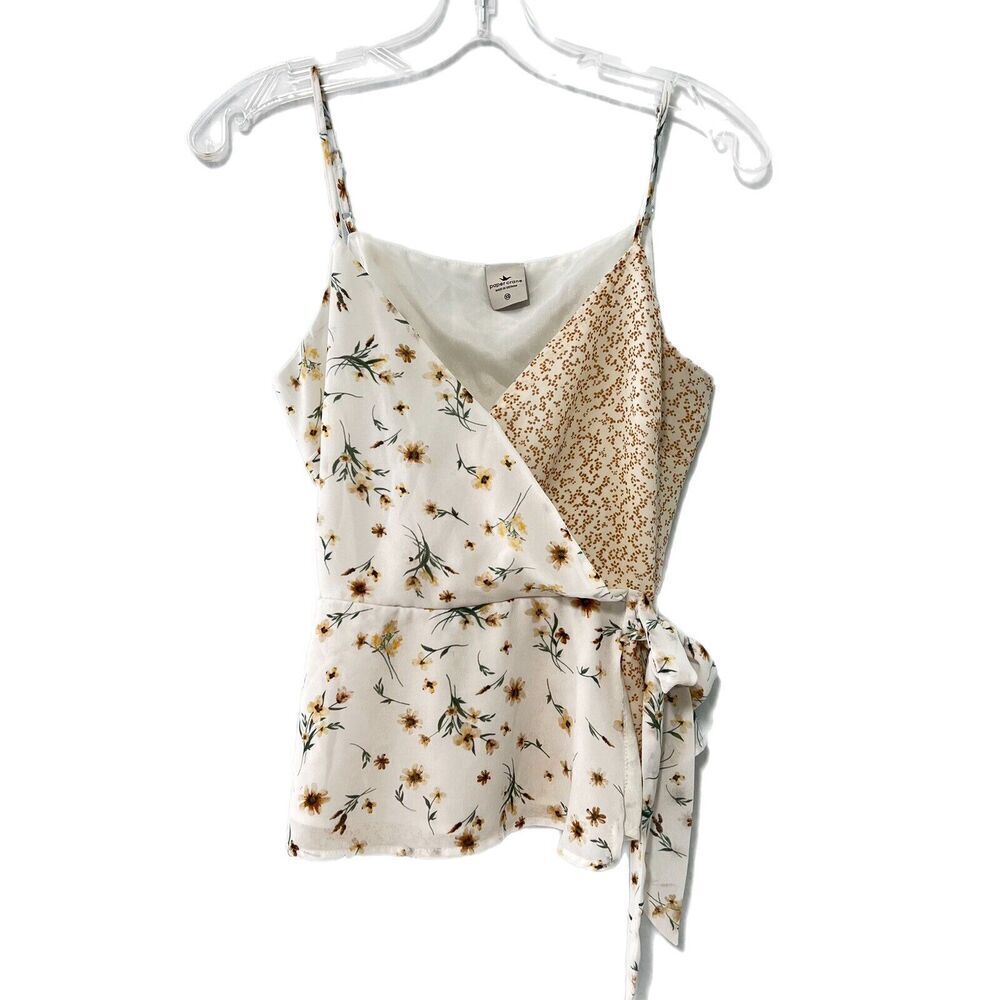 Paper Crane Womens Top Size XS Ivory Floral V Neck Tie Side Peplum Flowy Y2K